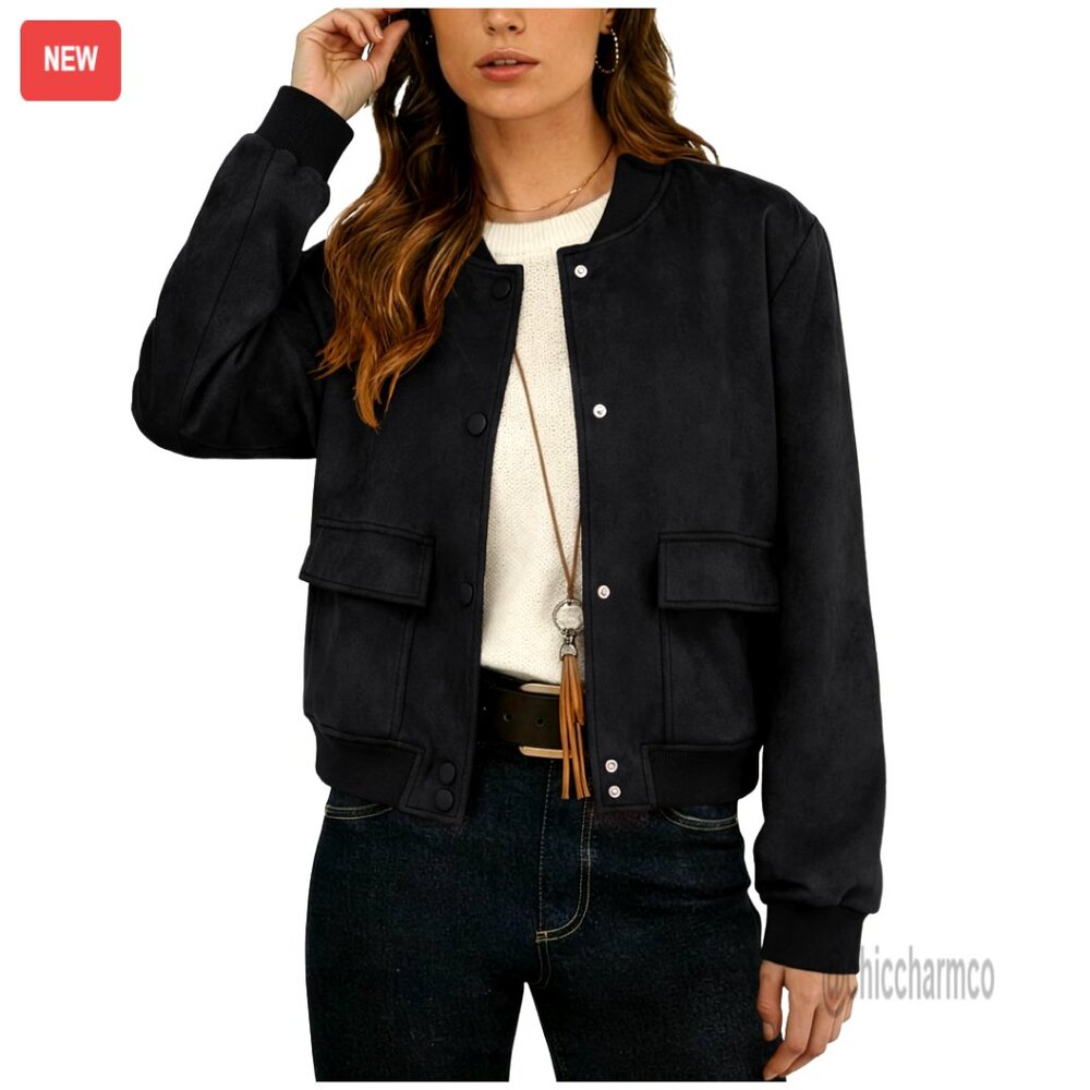 Faux Suede Leather Bomber Jacket Cropped Button Down Long Sleeve Pockets